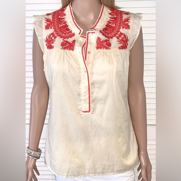 J. Crew ivory blouse with orange accent embroidery double layered Women’s size 8 - Picture 2 of 7